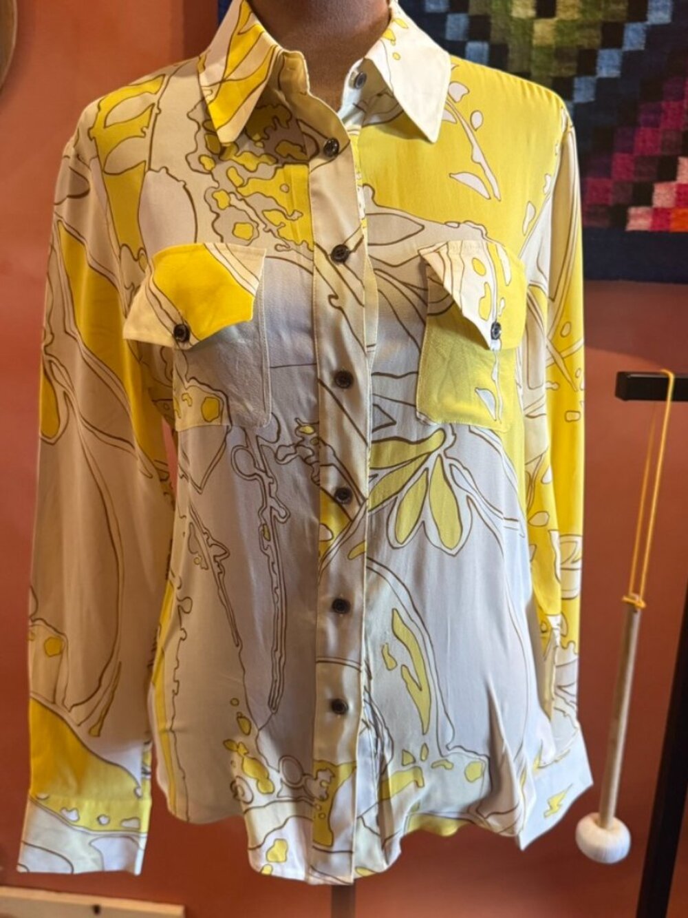 Silk Long Sleeve Yellow White Abstract print Collared Blouse Small